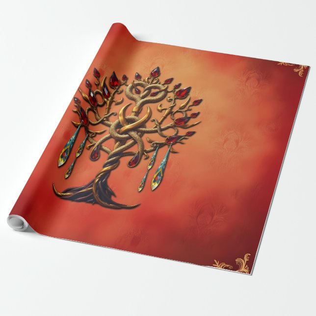 Papel De Presente Ouro da árvore da vida com pedras vermelhas (Desenrolado)