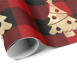 Papel De Presente Ouro da árvore de Natal de Lomberjack da xadrez d