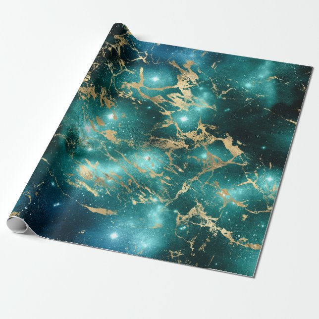 Papel De Presente Ouro da Noite Estrelada Verde Preta da Marble (Desenrolado)