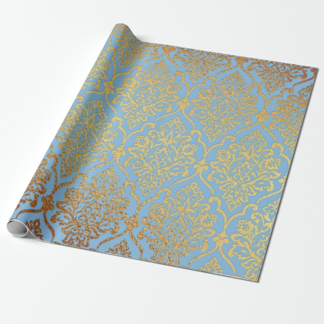 Papel De Presente Ouro Damask Blue Sky Real Vip Geométrico (Desenrolado)