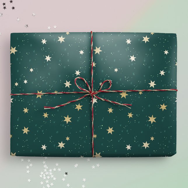 Papel De Presente Ouro de estrelas no céu verde (Gift mockup)