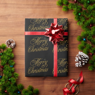 Papel De Presente Ouro de Natal Chic Merry Script manuscrito