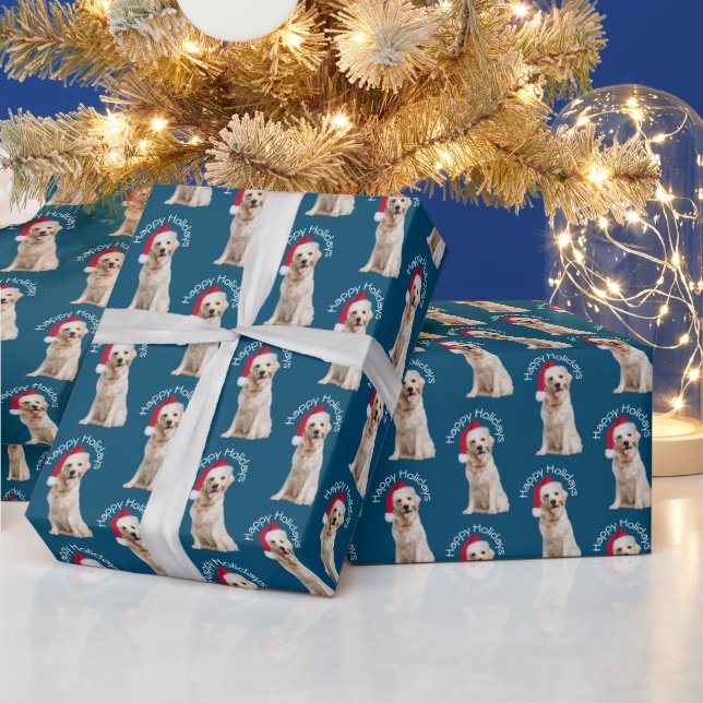 Papel De Presente Ouro De Natal Retriever Azul (Feriados)
