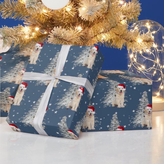 Papel De Presente Ouro de Natal - Retriever e Árvore nas Estrelas (Feriados)