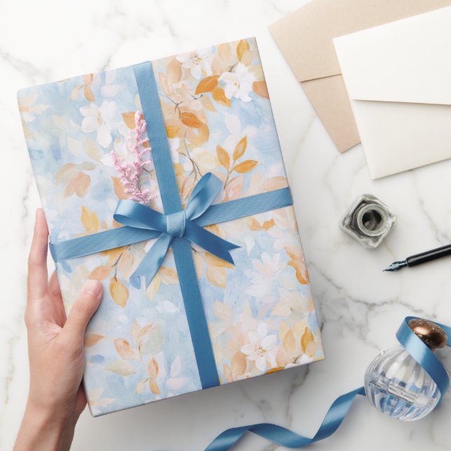 Papel De Presente Ouro de Outono Folhas Amarelas Floral Branco Céu A (Presentear)