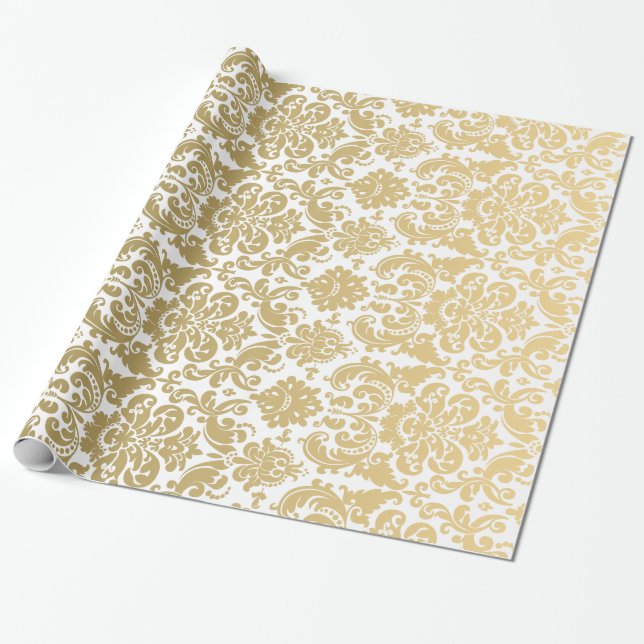 Papel De Presente Ouro e cor damasco elegante branca (Desenrolado)