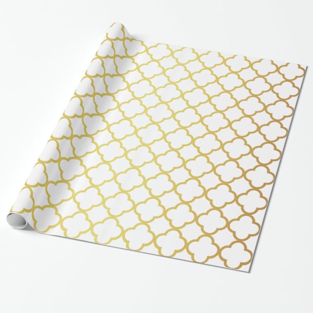 Papel De Presente Ouro elegante e Quatrefoil branco geométricos (Desenrolado)