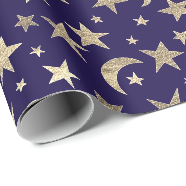 Papel De Presente Ouro elegante Stars Lua Blue Marinho Champaigne (Ponta do rolo)