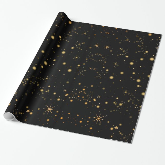 Papel De Presente Ouro - Estrelas Amarelas - Céu Negro (Desenrolado)
