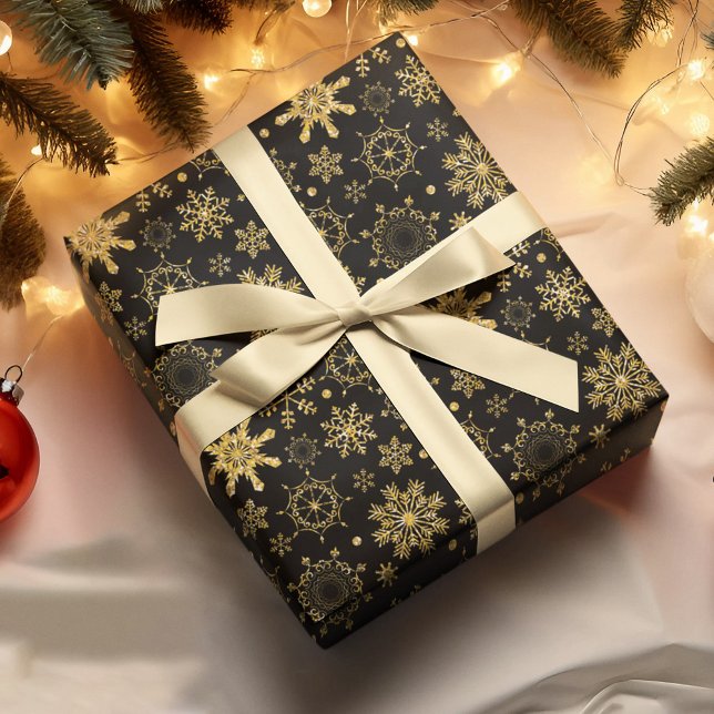 Papel De Presente Ouro Floco de Neve no Natal Negro (Criador carregado)