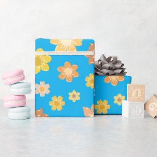 Papel De Presente Ouro Flores de outono Azul Cai Aniversário Sem Cos