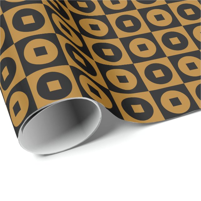 Papel De Presente Ouro Fosco e Círculo Quadrado Preto (Ponta do rolo)