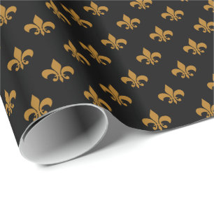 Papel De Presente Ouro Fosco Fleur-de-lis em Preto