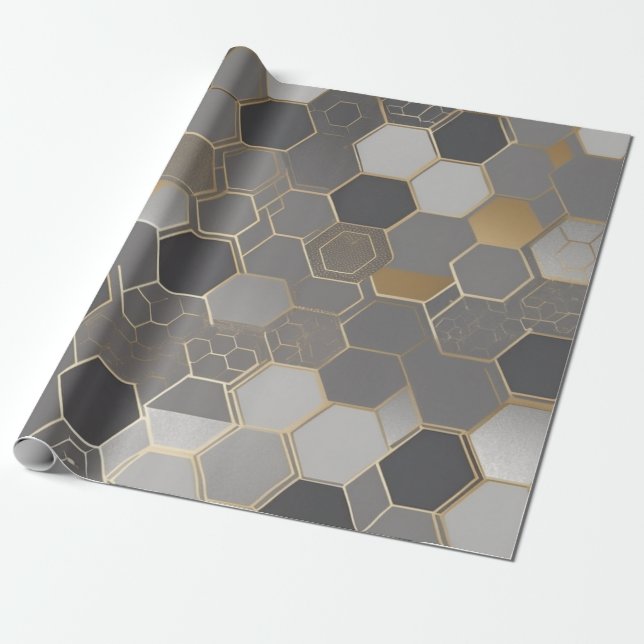 Papel De Presente ouro geométrico moderno e hexágono prateado (Desenrolado)