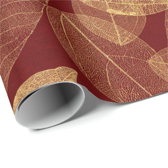 Papel De Presente Ouro Leaf Crimson Maroon Burgundy Luxo (Ponta do rolo)