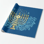 Papel De Presente Ouro Menorah Hanukkah saudando o festival de luz<br><div class="desc">Ouro Menorah Hanukkah saudando o festival de decoração de luzes</div>