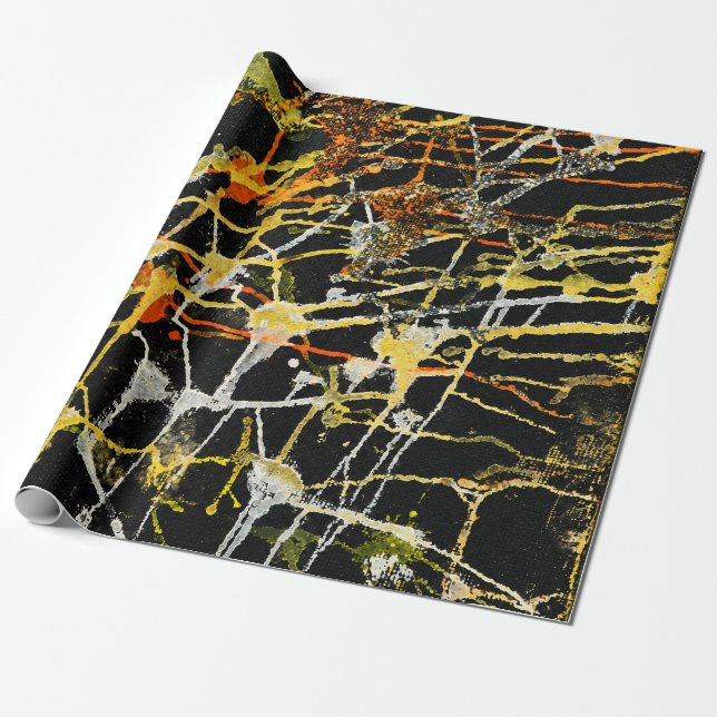 Papel De Presente Ouro Preto e Salpico Abstrato Prateado (Desenrolado)