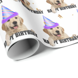 Papel De Presente Ouro Retriever aniversário com confetti