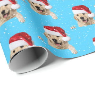 Papel De Presente Ouro Retriever e Santa Chapéu