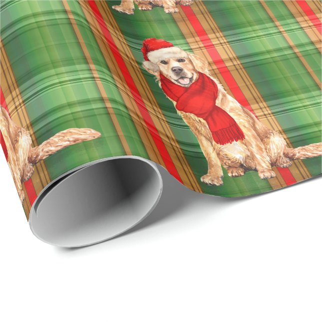 Papel De Presente Ouro Retriever e Xadrez de Natal de Férias (Ponta do rolo)