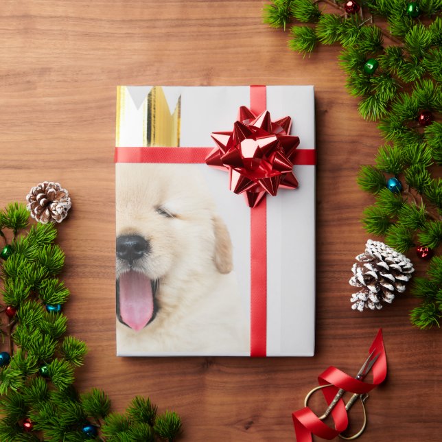 Papel De Presente Ouro Retriever Puppy Yawning Com Coroa (Presente de Natal)