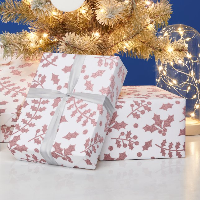 Papel De Presente Ouro Rosa e Azevinho Branco Natal de Inverno (Feriados)