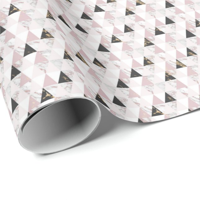 Papel De Presente Ouro Rosa Mármore Preto Branco Geométrico Aniversá (Ponta do rolo)
