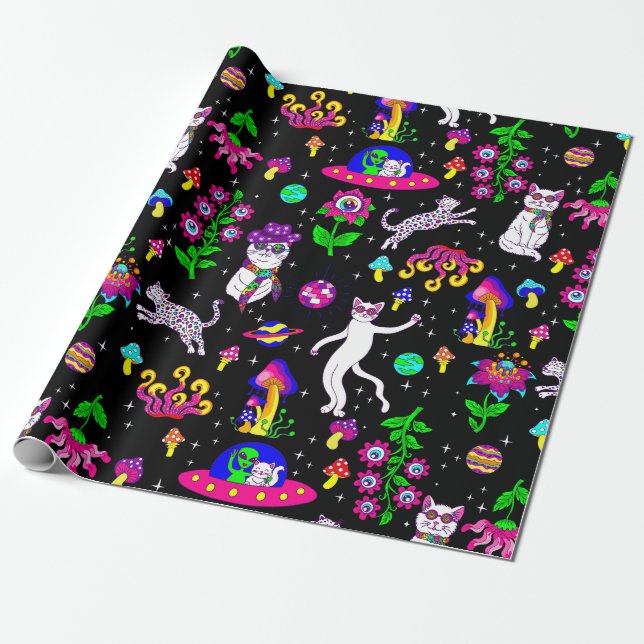 Papel De Presente outer space disco cat alien ufo leopard surreal (Desenrolado)