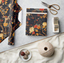 Papel De Presente Outono Preto Laranja Folha Chinoiseria