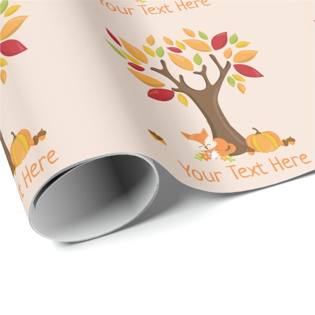 Papel De Presente Outono Raposa com Abóbora Texto Personalizado (Ponta do rolo)