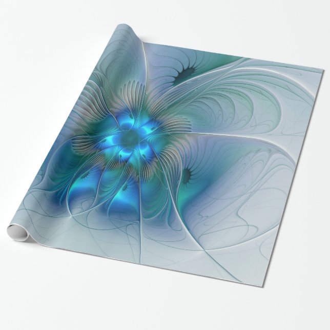 Papel De Presente Ovações de Pé, Fractal Azul Turquesa Abstrato (Desenrolado)