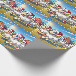 Papel De Presente Ovelhas Com Chapéus De Papai Noel Correndo No Nata