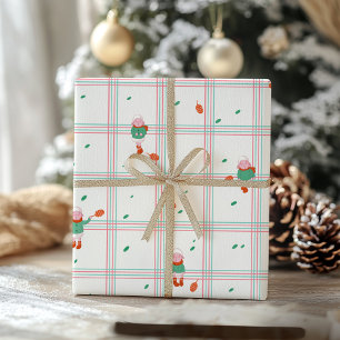 Papel De Presente Ovelhas de Inverno Fofas & Pinhas em Xadrez Verde-