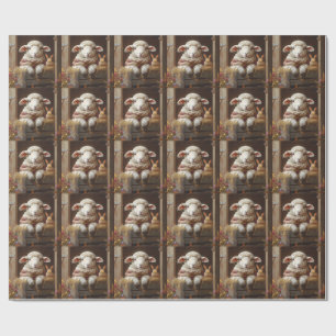 Papel De Presente Ovelhas e coelhos em celeiro com flores