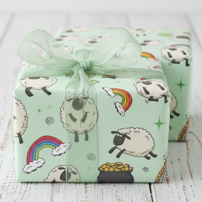 Papel De Presente Ovelhas e Shamrocks do Dia de São Patrício para Cr (Kids Green St Patrick's Day Wrapping Paper. Cute Irish Sheep, Shamrocks, Rainbow, Four Leaf Clovers)