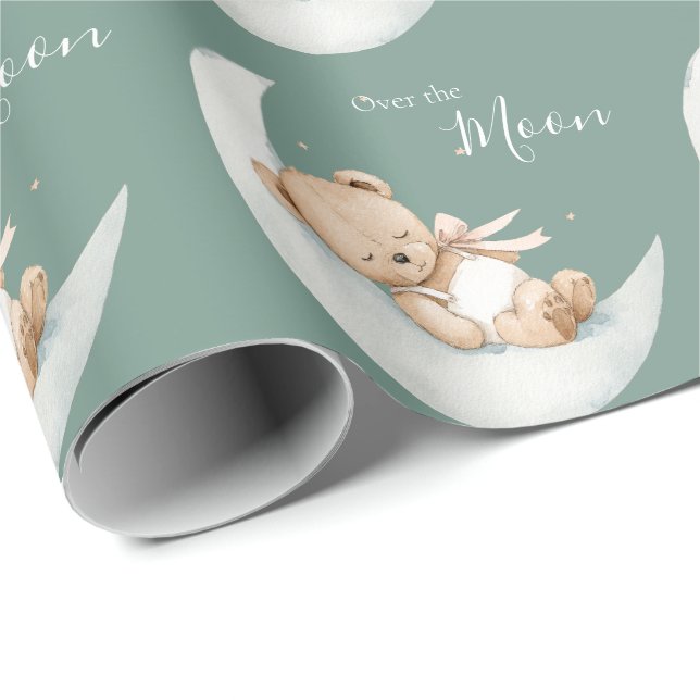 Papel De Presente Over the Moon Bear Baby Shower (Ponta do rolo)