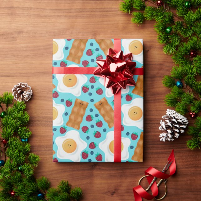 Papel De Presente Ovos Azuis Fofos Bacon Morangos Mirtilos  (Presente de Natal)
