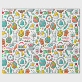 Papel De Presente Ovos Coloridos Coelhinhos Padrão de Primavera Pásc