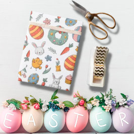 Papel De Presente Ovos Coloridos Coelhinhos Padrão de Primavera Pásc