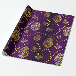 Papel De Presente Ovos de Ouro felz pascoa e borboletas Roxo