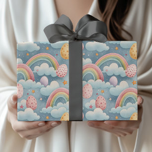 Papel De Presente Ovos de Páscoa Arco-Íris Pastel Vintage com Nuvens