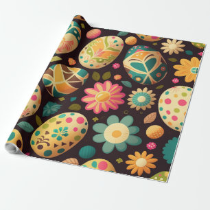 Papel De Presente Ovos de Páscoa Coloridos e Flores de Primavera da
