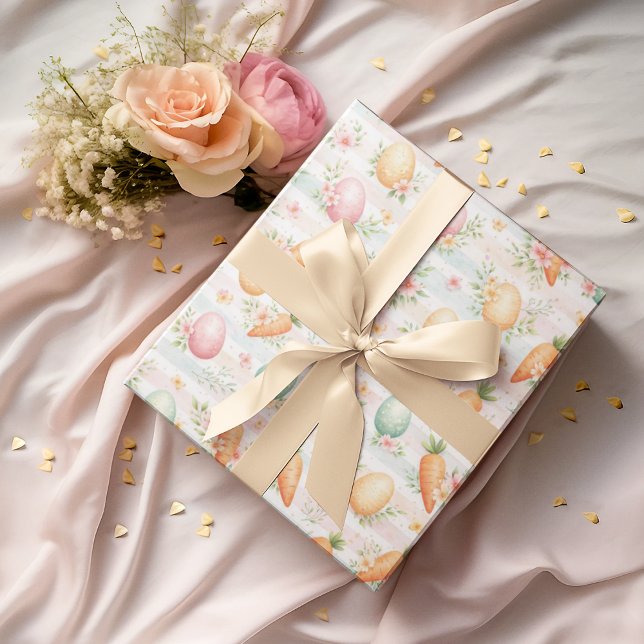 Papel De Presente Ovos de Páscoa em Aquarela, Cenouras e Flores da P (Criador carregado)