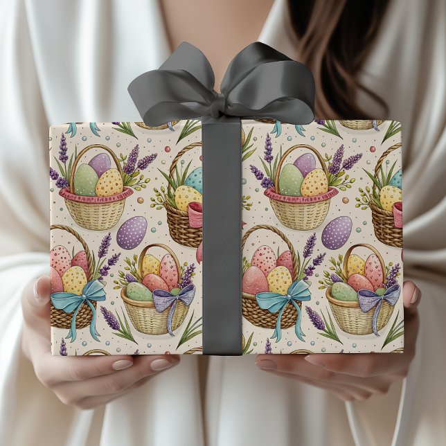Papel De Presente Ovos de Páscoa em Cesto de Vime com Lavanda (Criador carregado)