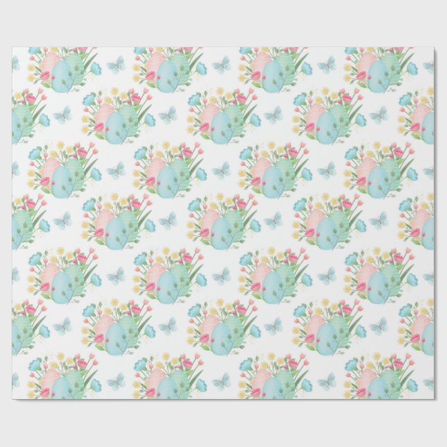 Papel De Presente Ovos de Páscoa primavera, Flores, Borboletas (Aberto)