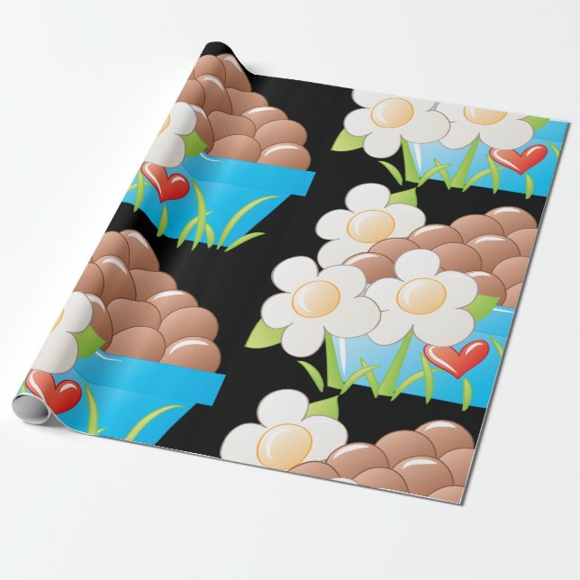 Papel De Presente Ovos em Blue Bowl com Flores e Coração (Desenrolado)