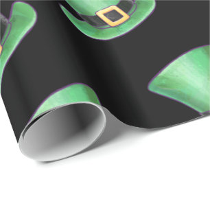 Papel De Presente Paddy's Day Green Top Hat Pattern on Black