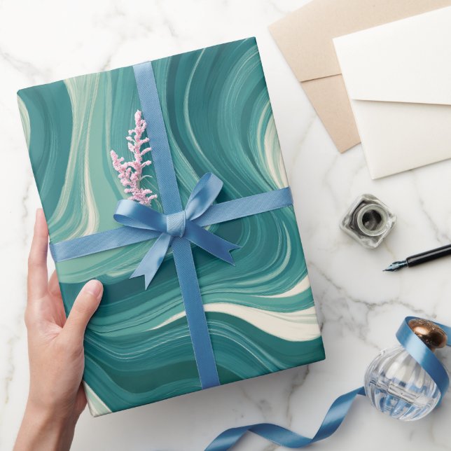 Papel De Presente Padrão Abstrato Branco de Movimento Água Teal (Presentear)