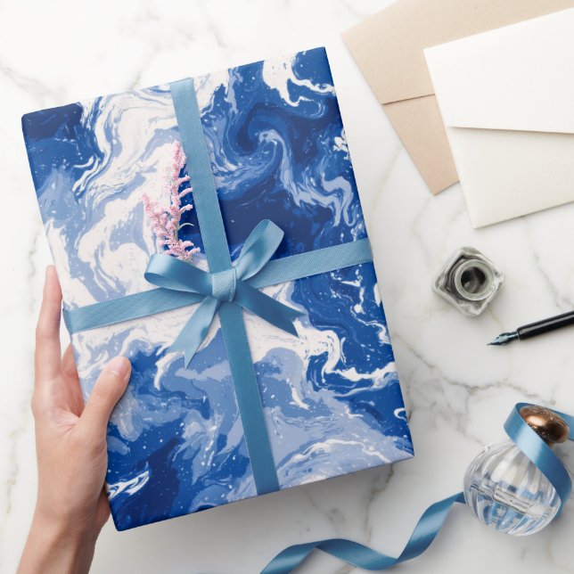 Papel De Presente Padrão Abstrato Branco Fluxo Azul Profundo Oceano (Presentear)
