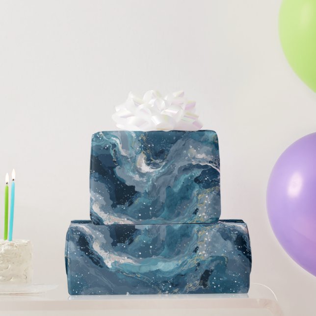 Papel De Presente Padrão Abstrato Branco Fluxo Azul Profundo Oceano (Presentes para festas)